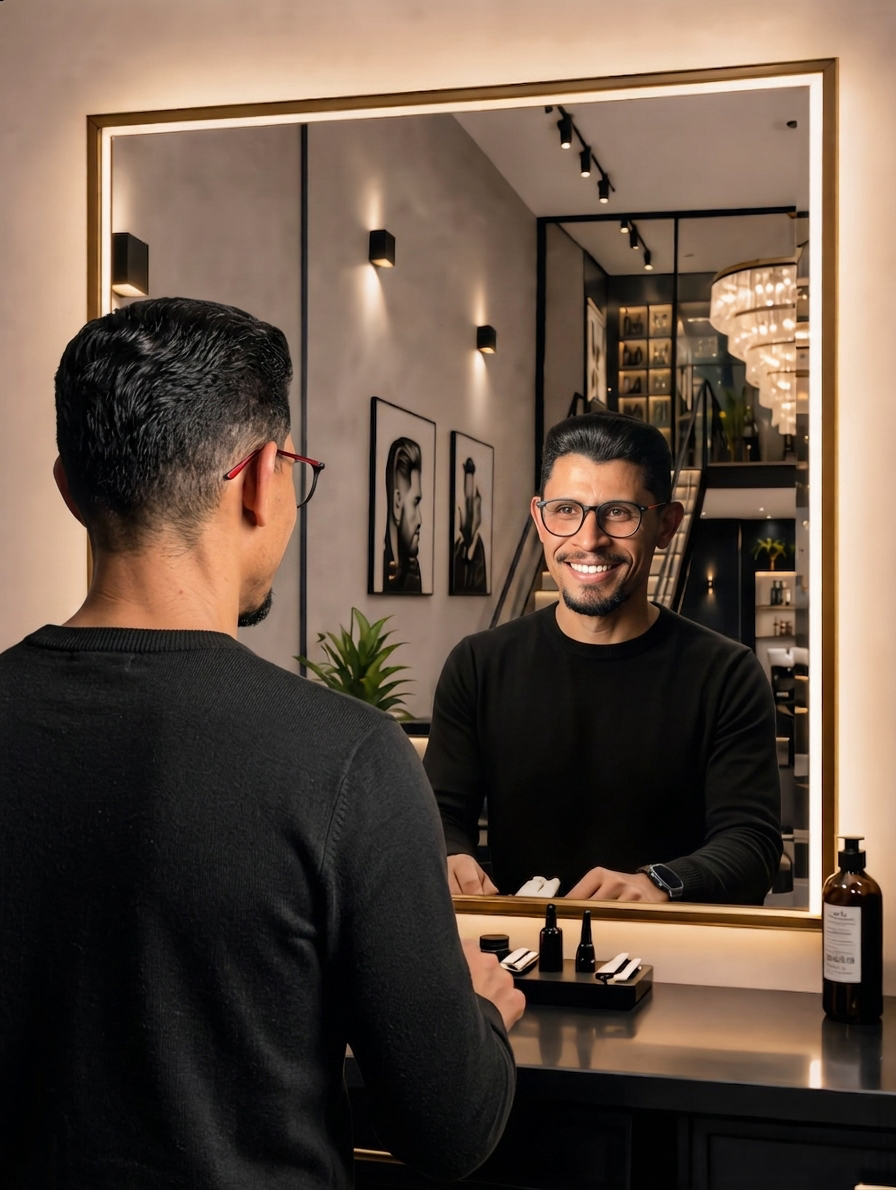 Bruno França se observando no espelho da barbearia